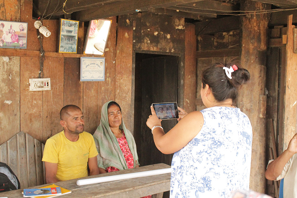 Joint Land Ownership is promoted for allocation of land to the landless in Nepal. Enumerators conduct photographic documentation of a couple as part of STDM project implementation in Belaka Municipality. (Photo@Sabitri Puri/ CSRC)